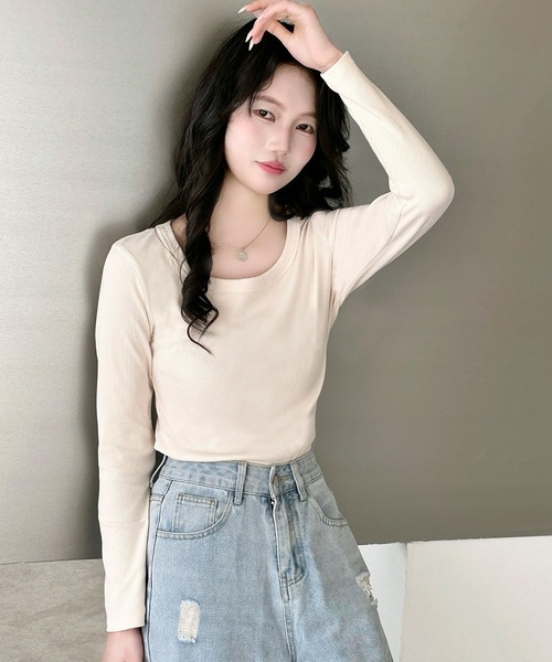DAY CLOSET(デイ クローゼット)の「【すっきり見せスリムフィット】長袖 ラウンドネックリブカットソー レディース(Tシャツ/カットソー・レディース・チャコールグレー/ブラック/ピンク/ホワイト/グレー/アイボリー・L/M)」の9枚目の写真
