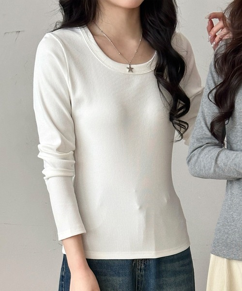 DAY CLOSET(デイ クローゼット)の「【すっきり見せスリムフィット】長袖 ラウンドネックリブカットソー レディース(Tシャツ/カットソー・レディース・チャコールグレー/ブラック/ピンク/ホワイト/グレー/アイボリー・L/M)」の14枚目の写真