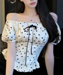 ドット柄オフショルパフスリーブトップス