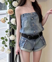デニムサロペットショートパンツ