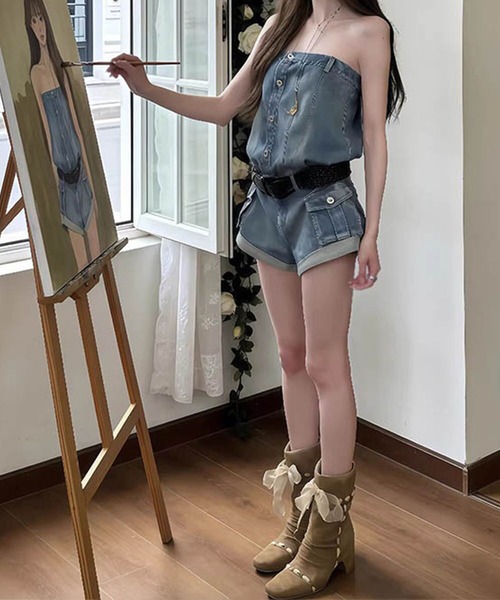 GLAMOROUS JANE(グラマラスジェーン)の「デニムサロペットショートパンツ(つなぎ/オールインワン・レディース・ブルー・M/L)」の4枚目の写真