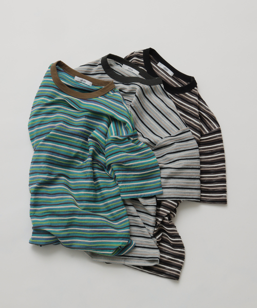 JOURNAL STANDARD relume(ジャーナルスタンダード レリューム)の「テクスチャー マルチボーダー Tシャツ(Tシャツ/カットソー・メンズ・ブルー/ライトグレー/ブラックミックス・MEDIUM/LARGE)」の4枚目の写真