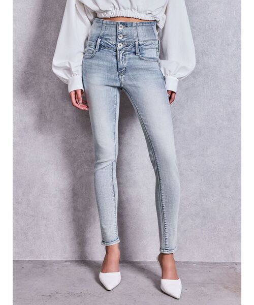 GYDA(ジェイダ)の「ハイウエストウエストクロススキニーデニムパンツ(デニムパンツ・レディース・インディゴブルー/ライトブルー/ブラック・SMALL/MEDIUM/X-SMALL/LARGE)」の10枚目の写真