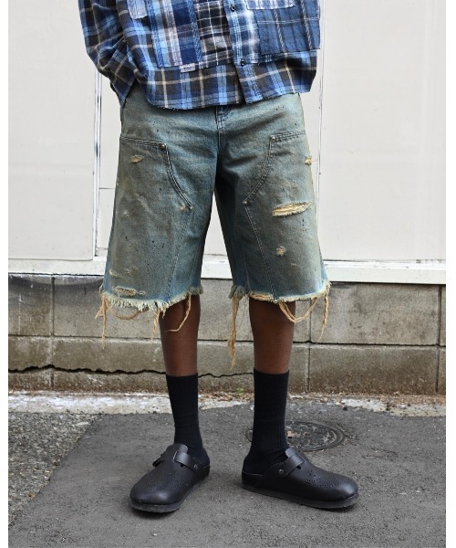 MIYAGIHIDETAKA(ミヤギヒデタカ)の「【MIYAGIHIDETAKA】Damaged Work Shorts(その他パンツ・メンズ・ホワイト/ブラック/インディゴブルー・L/XL)」の1枚目の写真