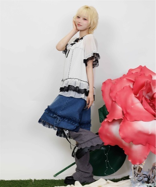 myu:loret(ミュウロレット)の「フリルハーフデニムパンツ(デニムパンツ・レディース・インディゴブルー/ケミカルウォッシュ・FREE)」の12枚目の写真