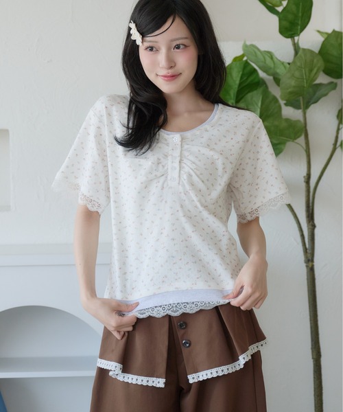 kutir(クティール)の「レイヤード風レースヘンリーネックTシャツ(Tシャツ/カットソー・レディース・ネイビー/オートミール/ホワイト・FREE)」の2枚目の写真