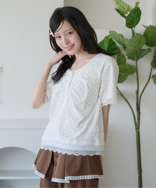 kutir(クティール)の「レイヤード風レースヘンリーネックTシャツ(Tシャツ/カットソー・レディース・ネイビー/オートミール/ホワイト・FREE)」の7枚目の写真