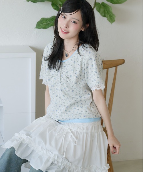 kutir(クティール)の「レイヤード風レースヘンリーネックTシャツ(Tシャツ/カットソー・レディース・ネイビー/オートミール/ホワイト・FREE)」の21枚目の写真