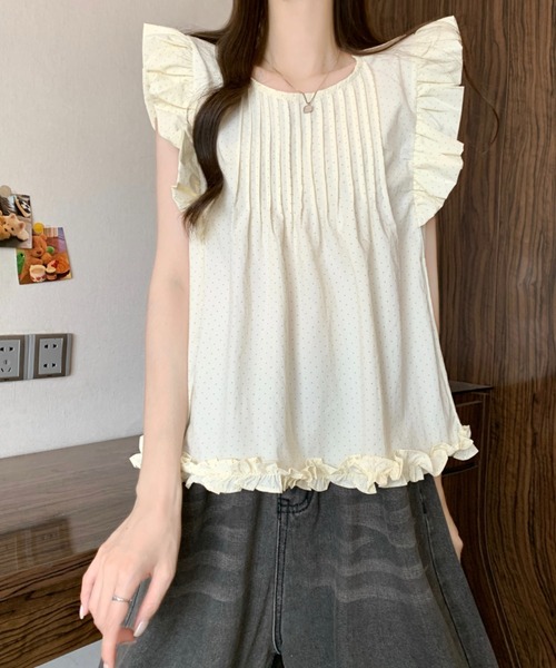 AMAJI(アマジ)の「ドット柄 フレンチスリーブ チュニックブラウス(シャツ/ブラウス・レディース・ベージュ/ネイビー・FREE)」の2枚目の写真