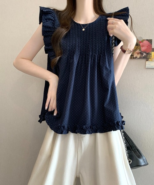 AMAJI(アマジ)の「ドット柄 フレンチスリーブ チュニックブラウス(シャツ/ブラウス・レディース・ベージュ/ネイビー・FREE)」の4枚目の写真