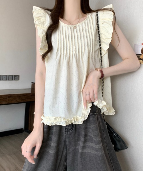 AMAJI(アマジ)の「ドット柄 フレンチスリーブ チュニックブラウス(シャツ/ブラウス・レディース・ベージュ/ネイビー・FREE)」の3枚目の写真