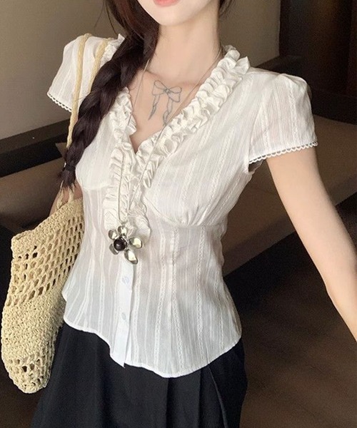 GLAMOROUS JANE(グラマラスジェーン)の「ストライプレースフリルVネックブラウス(シャツ/ブラウス・レディース・ホワイト・FREE)」の10枚目の写真