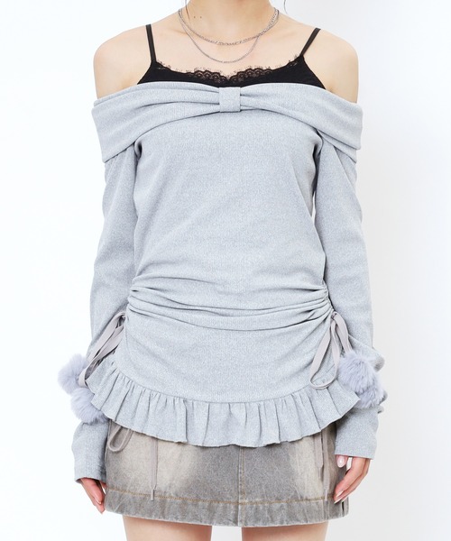 SPIRALGIRL(スパイラルガール)の「オフショルチュニックギャザートップス(Tシャツ/カットソー・レディース・グレー/ブラック・FREE)」の19枚目の写真