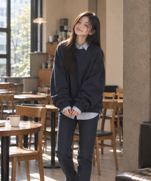 BBAEBBAE(ペッペ)の「ラウンドネック無地裏毛スウェットTシャツ 全4色(スウェット・レディース・ネイビー/ライトグレー/アッシュグレー/ブラック・X-LARGE/XX-LARGE/MEDIUM/LARGE)」の10枚目の写真