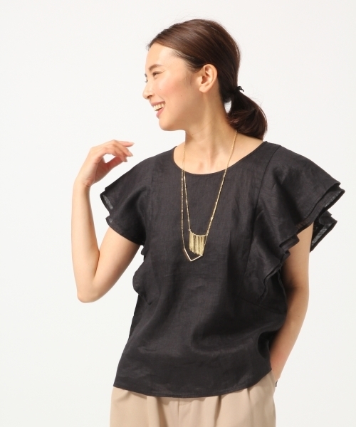 GLOBAL WORK(グローバルワーク)の「【高品質素材使用】フレンチリネンソデフリル半袖/709744(シャツ/ブラウス・レディース・ブルー/ライトブルー/その他/ホワイト/その他2/オレンジ/ネイビー/ブラック/ブラウン・MEDIUM/LARGE)」の5枚目の写真