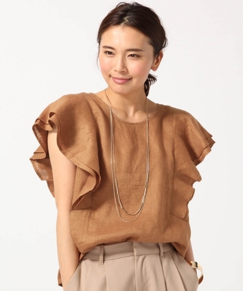 GLOBAL WORK(グローバルワーク)の「【高品質素材使用】フレンチリネンソデフリル半袖/709744(シャツ/ブラウス・レディース・ブルー/ライトブルー/その他/ホワイト/その他2/オレンジ/ネイビー/ブラック/ブラウン・MEDIUM/LARGE)」の3枚目の写真