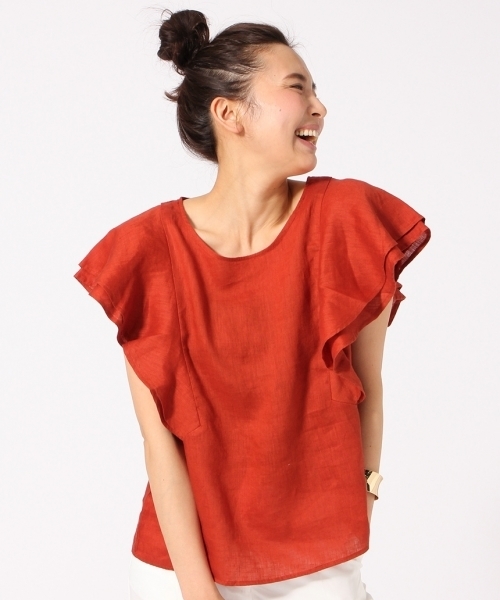 GLOBAL WORK(グローバルワーク)の「【高品質素材使用】フレンチリネンソデフリル半袖/709744(シャツ/ブラウス・レディース・ブルー/ライトブルー/その他/ホワイト/その他2/オレンジ/ネイビー/ブラック/ブラウン・MEDIUM/LARGE)」の7枚目の写真