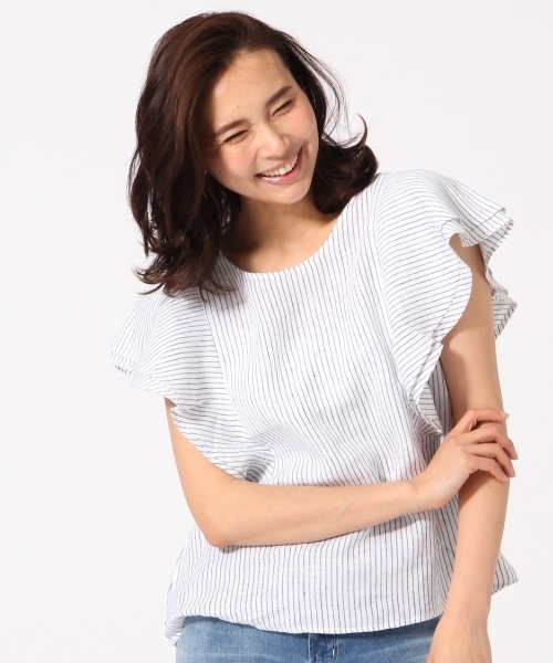 GLOBAL WORK(グローバルワーク)の「【高品質素材使用】フレンチリネンソデフリル半袖/709744(シャツ/ブラウス・レディース・ブルー/ライトブルー/その他/ホワイト/その他2/オレンジ/ネイビー/ブラック/ブラウン・MEDIUM/LARGE)」の8枚目の写真