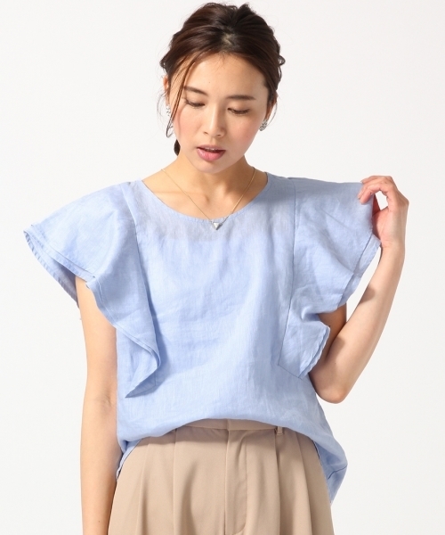 GLOBAL WORK(グローバルワーク)の「【高品質素材使用】フレンチリネンソデフリル半袖/709744(シャツ/ブラウス・レディース・ブルー/ライトブルー/その他/ホワイト/その他2/オレンジ/ネイビー/ブラック/ブラウン・MEDIUM/LARGE)」の4枚目の写真