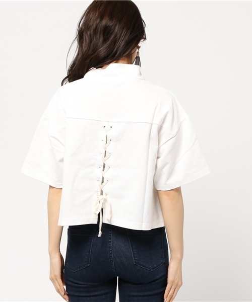 MOUSSY（マウジー）の「BACK LACE UP TEE J（Tシャツ/カットソー・レディース・ブラック/オフホワイト/ダークグリーン・FREE）」の14枚目の写真