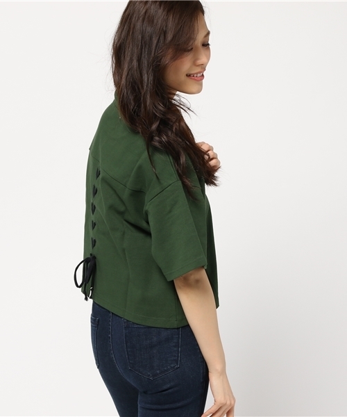 MOUSSY（マウジー）の「BACK LACE UP TEE J（Tシャツ/カットソー・レディース・ブラック/オフホワイト/ダークグリーン・FREE）」の6枚目の写真