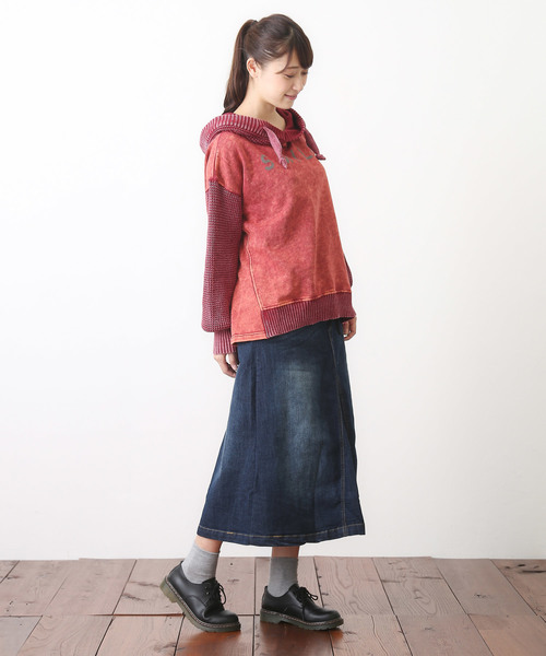 CUBE SUGAR（キューブシュガー）の「裏毛×ニット ビンテージ加工 プルオーバーパーカー（パーカー・レディース・ネイビー/レッド/チャコール・M）」の21枚目の写真