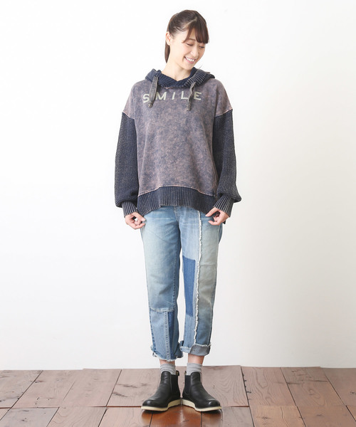 CUBE SUGAR（キューブシュガー）の「裏毛×ニット ビンテージ加工 プルオーバーパーカー（パーカー・レディース・ネイビー/レッド/チャコール・M）」の22枚目の写真