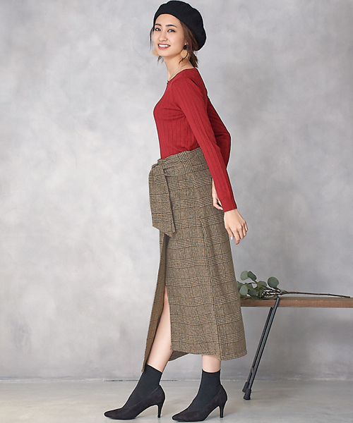 Pierrot（ピエロ）の「チェック柄ラップ風 ロングタイトスカート（スカート・レディース・ブラック/ネイビー/ブラウン・L/M）」の18枚目の写真