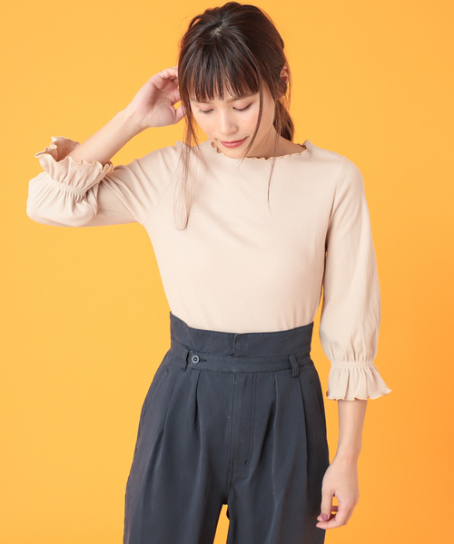 Omekashi（オメカシ）の「メロウ七分袖プルオーバー（Tシャツ/カットソー・レディース・ブラック/ベージュ/オフホワイト/オレンジ・FREE）」の2枚目の写真