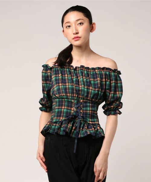 SPIGA(スピーガ)の「サッシュデザインチェックオフショル(シャツ/ブラウス・レディース・ピンク/イエロー/ネイビー・FREE)」の6枚目の写真