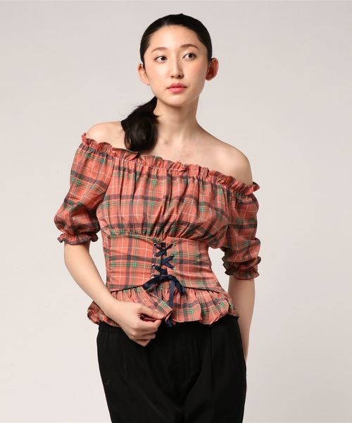 SPIGA(スピーガ)の「サッシュデザインチェックオフショル(シャツ/ブラウス・レディース・ピンク/イエロー/ネイビー・FREE)」の8枚目の写真