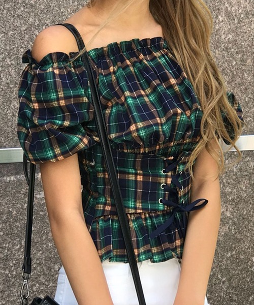 SPIGA(スピーガ)の「サッシュデザインチェックオフショル(シャツ/ブラウス・レディース・ピンク/イエロー/ネイビー・FREE)」の2枚目の写真