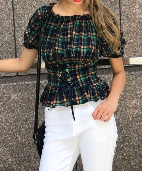 SPIGA(スピーガ)の「サッシュデザインチェックオフショル(シャツ/ブラウス・レディース・ピンク/イエロー/ネイビー・FREE)」の14枚目の写真