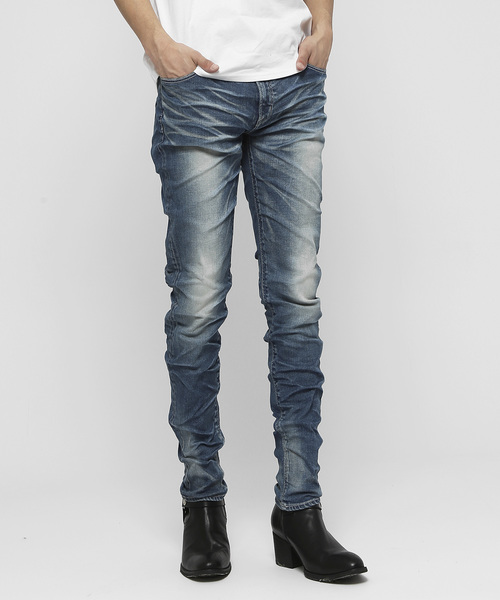 VANQUISH(ヴァンキッシュ)の「オーバーダイパワーストレッチテーパードスキニーデニム 〜JAPAN MADE〜(デニムパンツ)」|ライトインディゴブルー