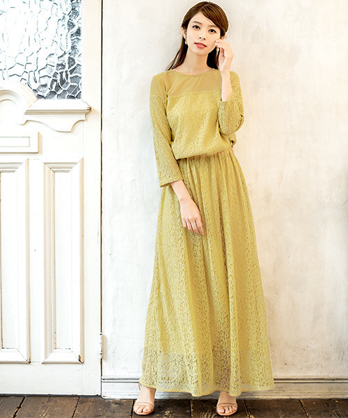 GIRL(ガール)の「レース&シフォンブラウス&ロングフレアスカートのセットアップ結婚式ワンピース - 二次会・成人式・同窓会・謝恩会・お呼ばれ対応フォーマルパーティードレス(ドレス)」|イエロー