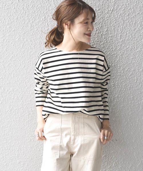 SHIPS Days(シップスデイズ)の「SHIPS Days STANDARD:バスクボーダーTee◇(Tシャツ/カットソー・レディース・ホワイト/ベージュ/ラベンダー/ネイビー・M~L/S~M)」の2枚目の写真