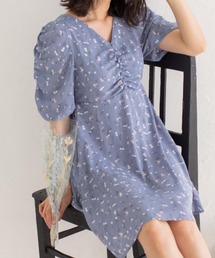 フロントシャーリング花柄ミニワンピース