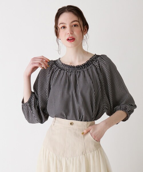 Cutie Blonde（キューティーブロンド）の「◆【S-L】シャーリングギンガムチェックブラウス（シャツ/ブラウス・レディース・ブラック系1/ダークグリーン系1/ベージュ系その他2・03/01/02）」の2枚目の写真