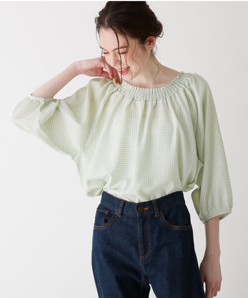 Cutie Blonde（キューティーブロンド）の「◆【S-L】シャーリングギンガムチェックブラウス（シャツ/ブラウス・レディース・ブラック系1/ダークグリーン系1/ベージュ系その他2・03/01/02）」の3枚目の写真