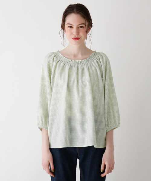 Cutie Blonde（キューティーブロンド）の「◆【S-L】シャーリングギンガムチェックブラウス（シャツ/ブラウス・レディース・ブラック系1/ダークグリーン系1/ベージュ系その他2・03/01/02）」の4枚目の写真