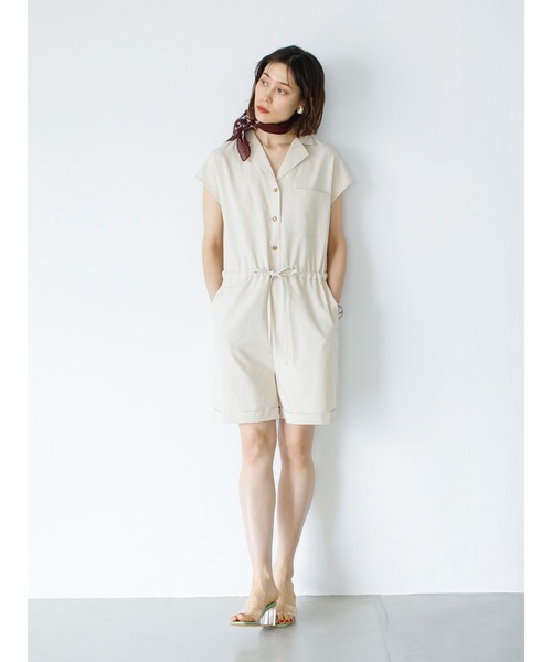 koe（コエ）の「リネン混ショートオールインワン＊（つなぎ/オールインワン・レディース・ブラック/グレイッシュベージュ/ベージュ系その他・FREE）」の4枚目の写真