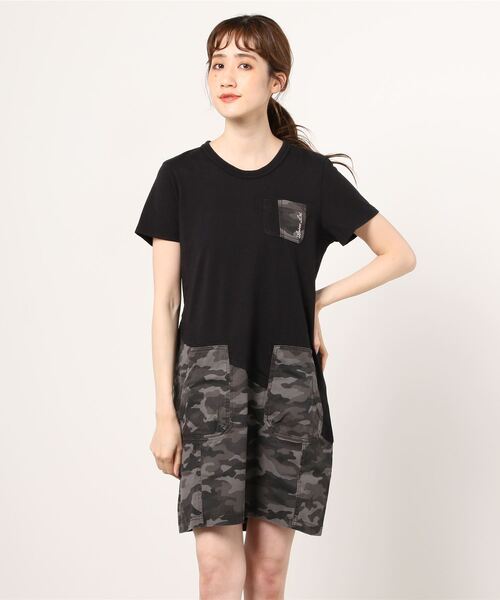 AVIREX（アヴィレックス）の「AVIREX/アヴィレックス　コットンウーヴン コントラストパネルドレス/ COTTON WOVEN CONTRAST PANEL DRESS（ワンピース・レディース・チャコール/オリーブ/ブラック・MEDIUM/SMALL/LARGE）」の2枚目の写真