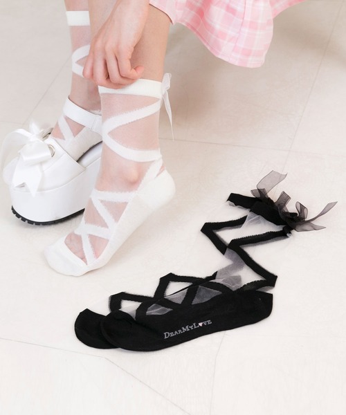 DearMyLove（ディアマイラブ）の「シースルーレースアップソックス（ソックス/靴下・レディース・ホワイト/ブラック・23-24cm）」の3枚目の写真