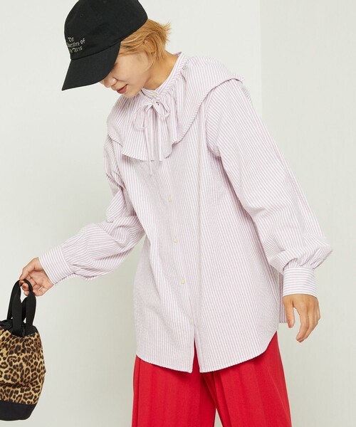 FREAK'S STORE（フリークスストア）の「カラーストライプフリル3wayブラウス（シャツ/ブラウス・レディース・サックスブルー/ピンク/ブラック/グレー・ﾌﾘ-）」の4枚目の写真