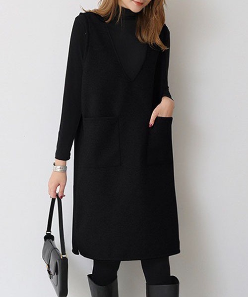 Chaco closet（チャコ クローゼット）の「フェイクウールノースリーブVネックワンピース（ワンピース・レディース・ブラック/グレー/ブルー/グリーン・M/L/XL）」の17枚目の写真