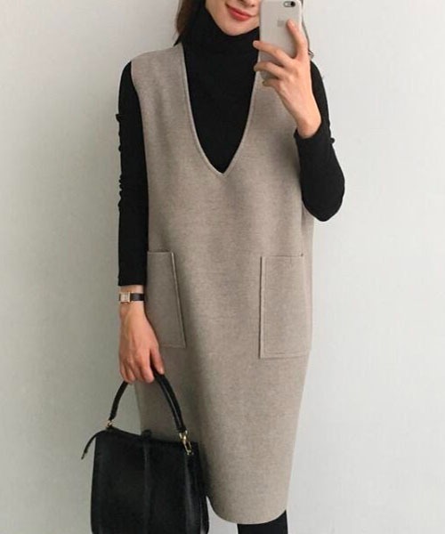 Chaco closet（チャコ クローゼット）の「フェイクウールノースリーブVネックワンピース（ワンピース・レディース・ブラック/グレー/ブルー/グリーン・M/L/XL）」の22枚目の写真