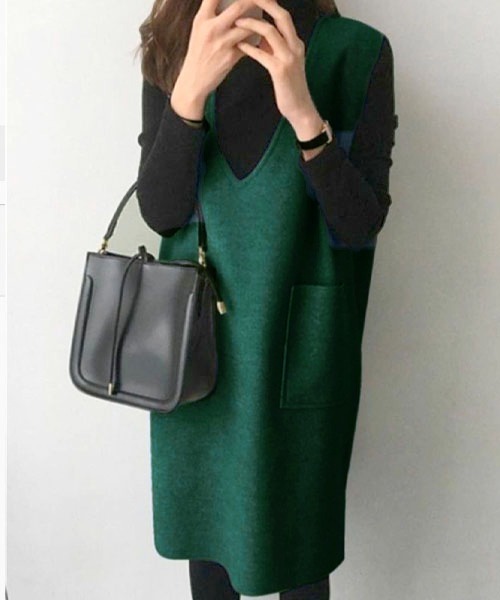 Chaco closet（チャコ クローゼット）の「フェイクウールノースリーブVネックワンピース（ワンピース・レディース・ブラック/グレー/ブルー/グリーン・M/L/XL）」の12枚目の写真