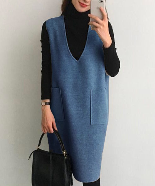 Chaco closet（チャコ クローゼット）の「フェイクウールノースリーブVネックワンピース（ワンピース・レディース・ブラック/グレー/ブルー/グリーン・M/L/XL）」の14枚目の写真