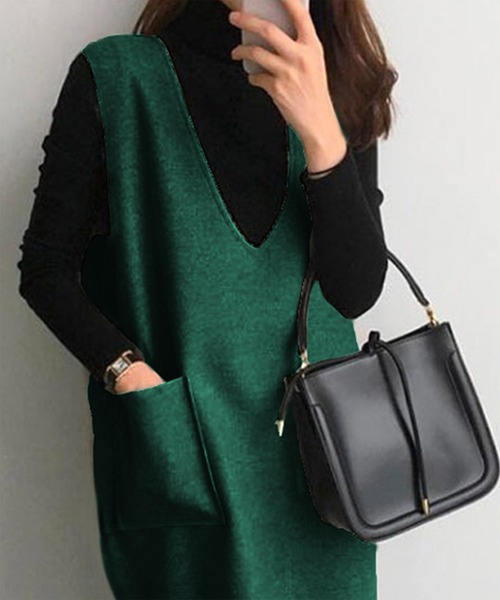 Chaco closet（チャコ クローゼット）の「フェイクウールノースリーブVネックワンピース（ワンピース・レディース・ブラック/グレー/ブルー/グリーン・M/L/XL）」の10枚目の写真