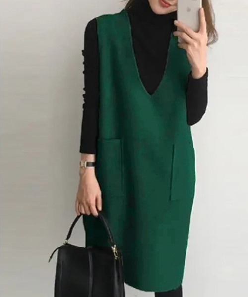 Chaco closet（チャコ クローゼット）の「フェイクウールノースリーブVネックワンピース（ワンピース・レディース・ブラック/グレー/ブルー/グリーン・M/L/XL）」の13枚目の写真